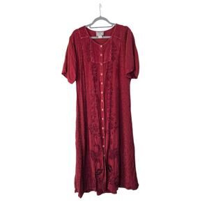 Boho 90s Brick Red Embroidered Button Front Grungy Festival Midi Dress, Medium